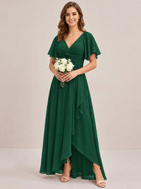 Dusty Blue Chiffon Bridesmaid Dress with Flutter Sleeves & High-Low Hem