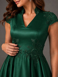 Lace Appliqué A-Line Satin Maxi Dress