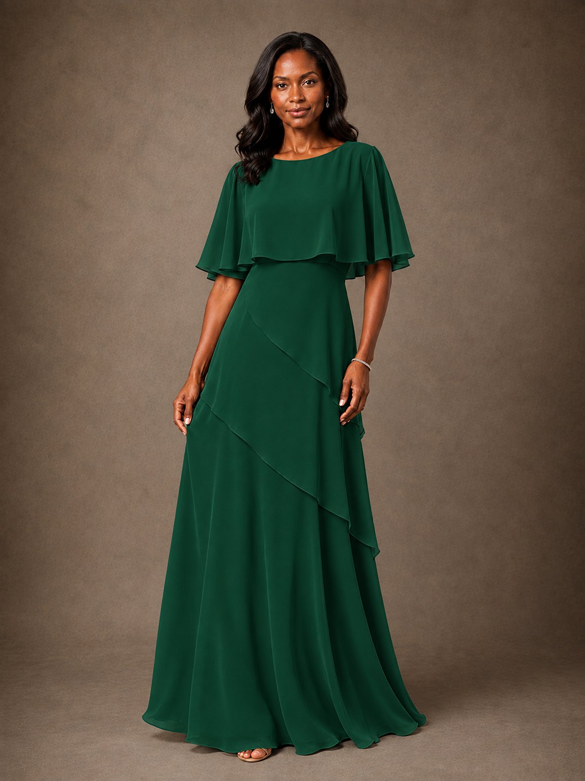 Taupe Chiffon A-Line Mother of the Bride Dress with Cape Sleeves