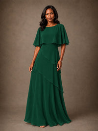 Taupe Chiffon A-Line Mother of the Bride Dress with Cape Sleeves