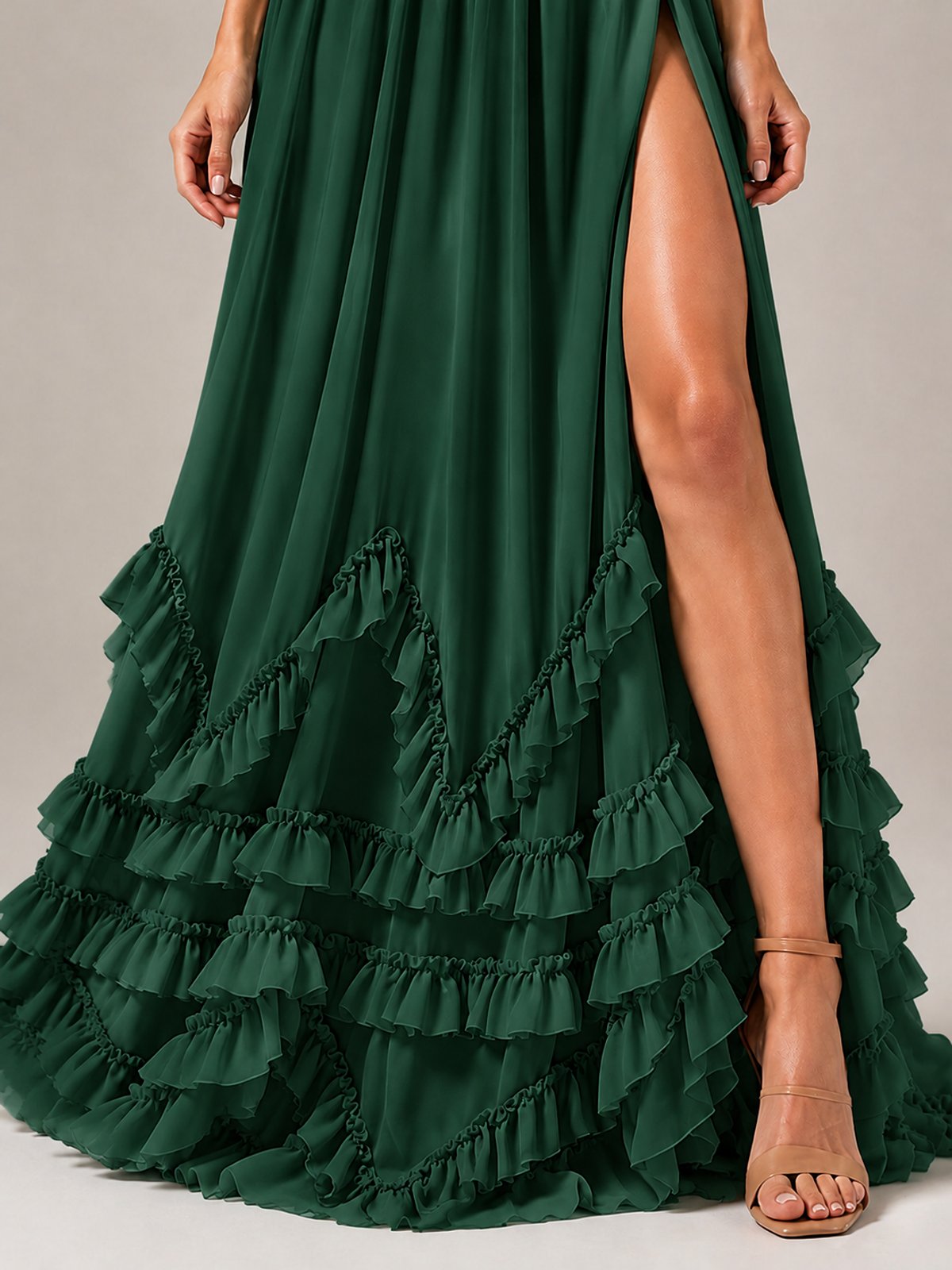 Halter V Neck Chiffon Formal Dress with Lace-Up Back and Ruffle Hem