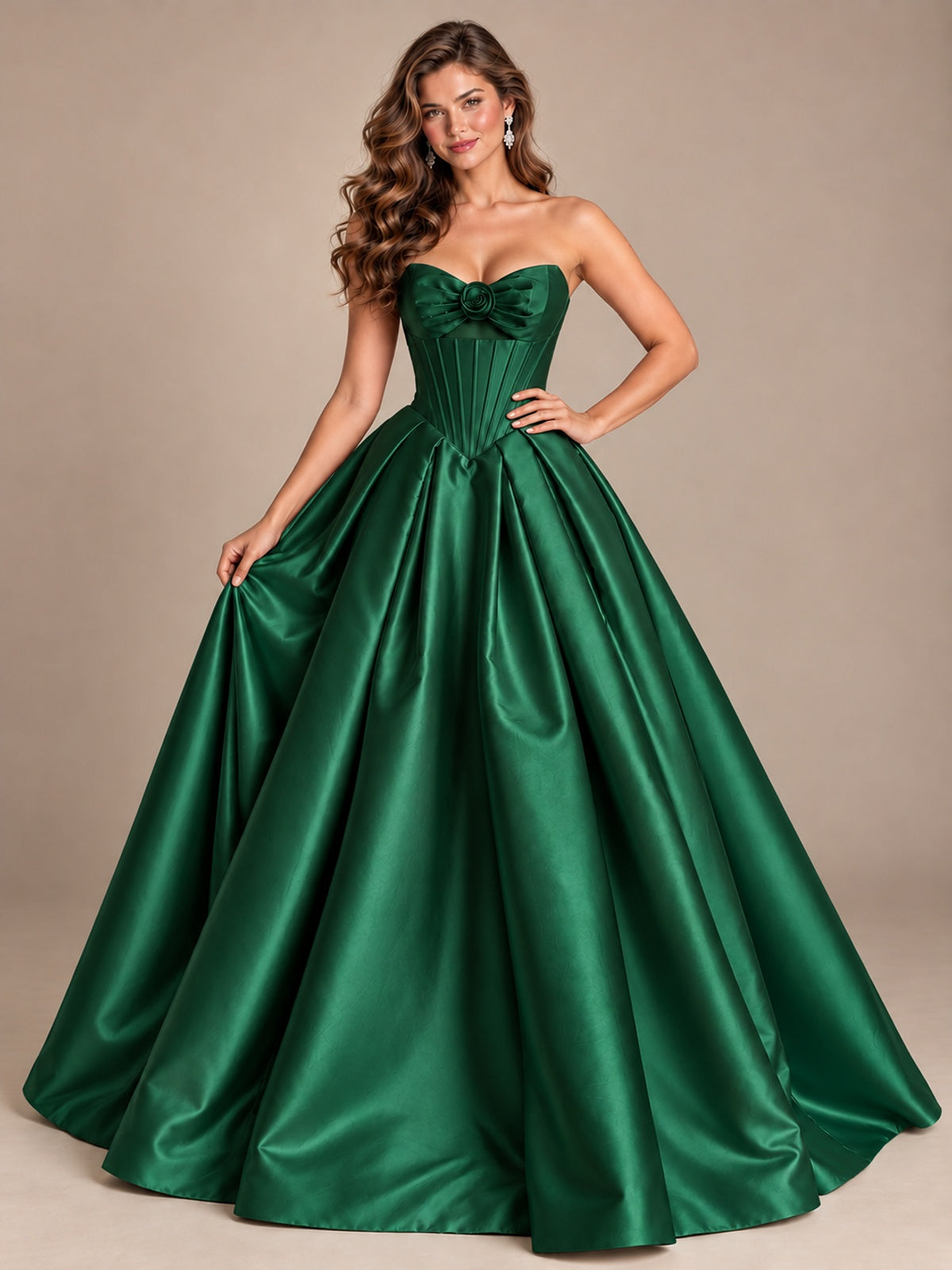 Pink Strapless Corset Satin Prom Derss & Ball Gown with 3D Floral