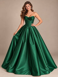 Pink Strapless Corset Satin Prom Derss & Ball Gown with 3D Floral