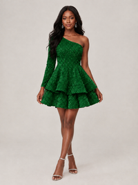 Puffy One Shoulder Sequin Tiered Mini Dress