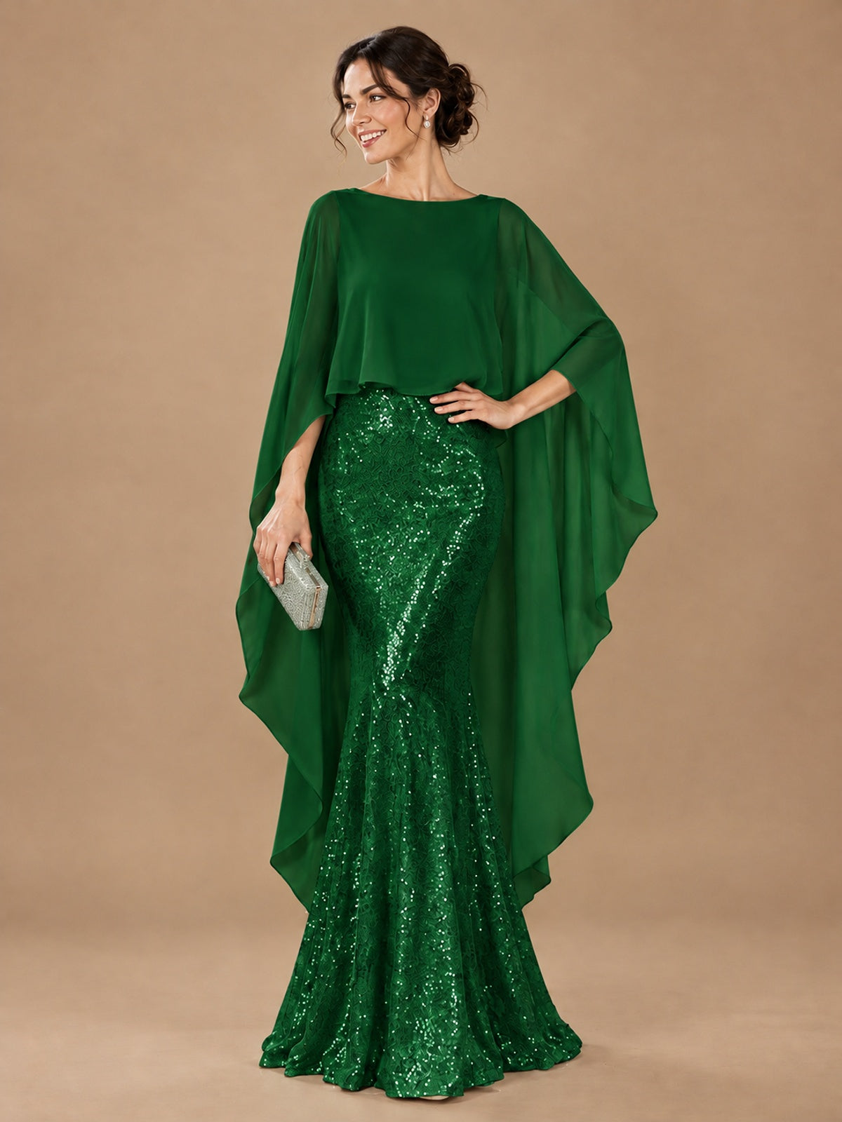 Sequin 2 Pieces Mother of the Bride Dress with Cap Sleeves Chiffon Formal Gowns