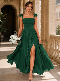 Ruffle Slit Chiffon A Line Scoop Neck Bridesmaid Dresses with Pockets