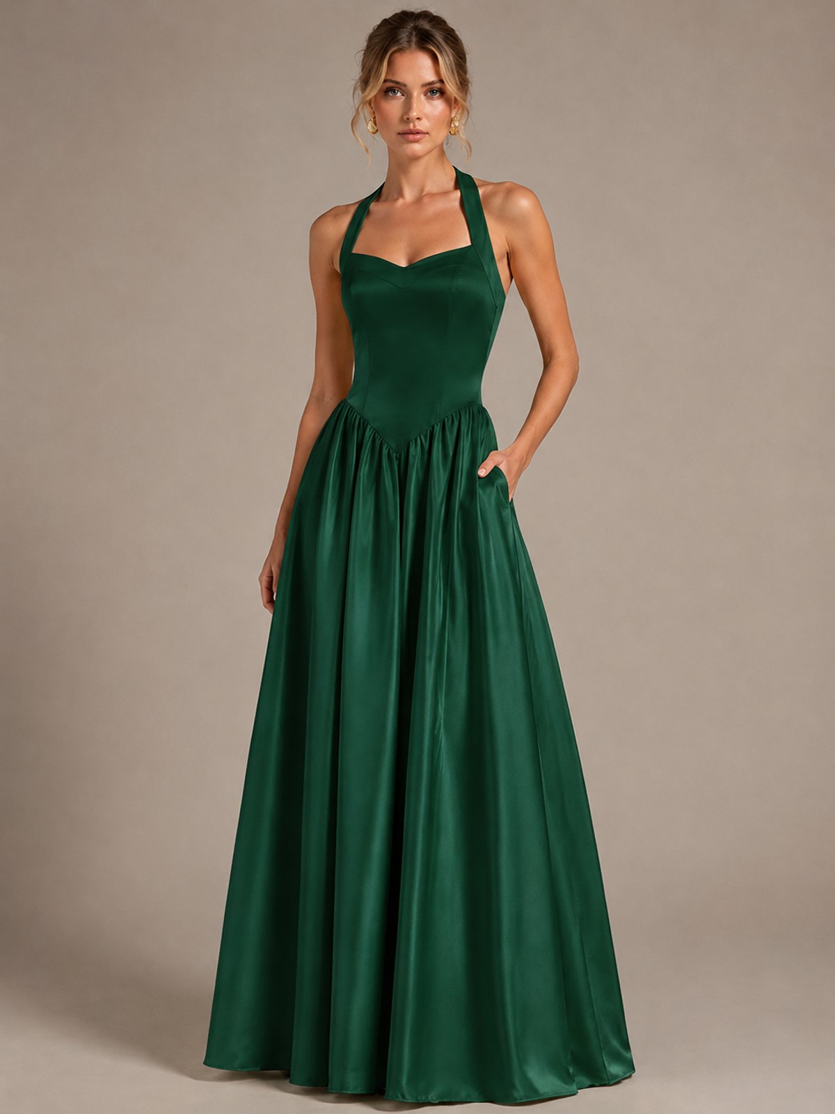 Light Yellow Halter Neck Satin A-Line Maxi Dress with Pockets