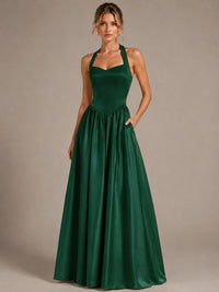 Light Yellow Halter Neck Satin A-Line Maxi Dress with Pockets