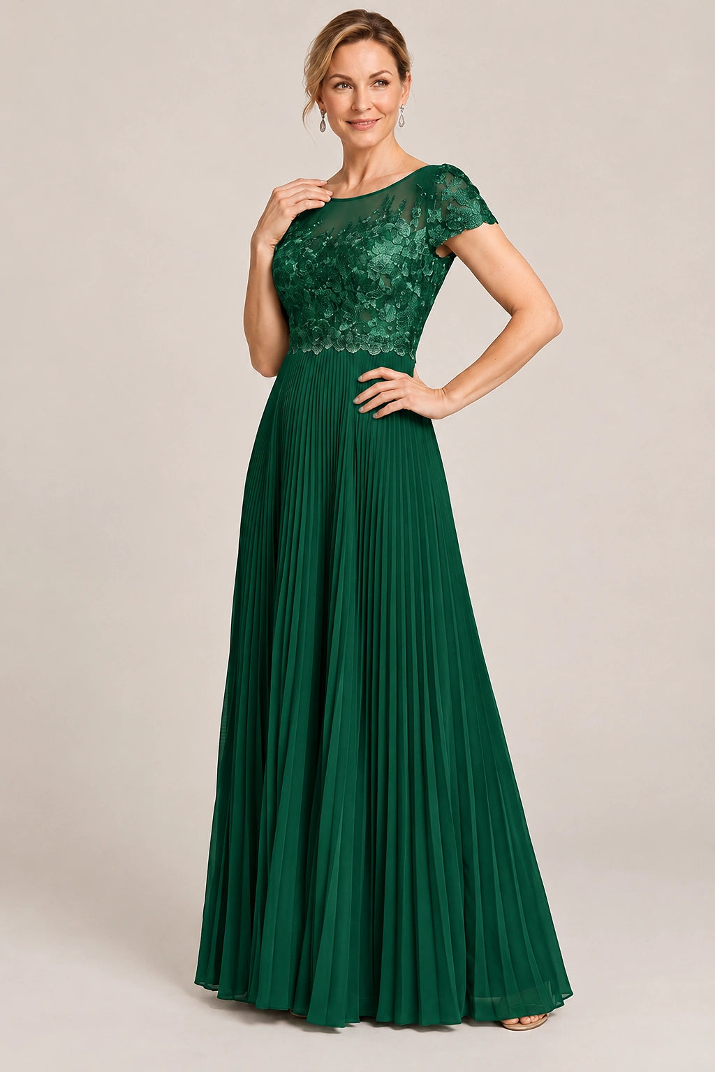 Embroidered Lace Pleated Mother of the Bride Dress