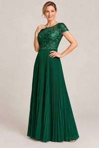 Embroidered Lace Pleated Mother of the Bride Dress