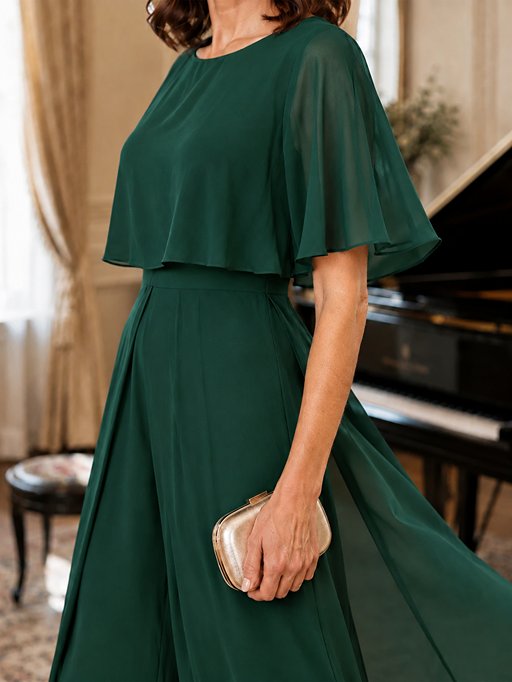 Chiffon Mother of the Bride Jumpsuit with Layered Cape Sleeves