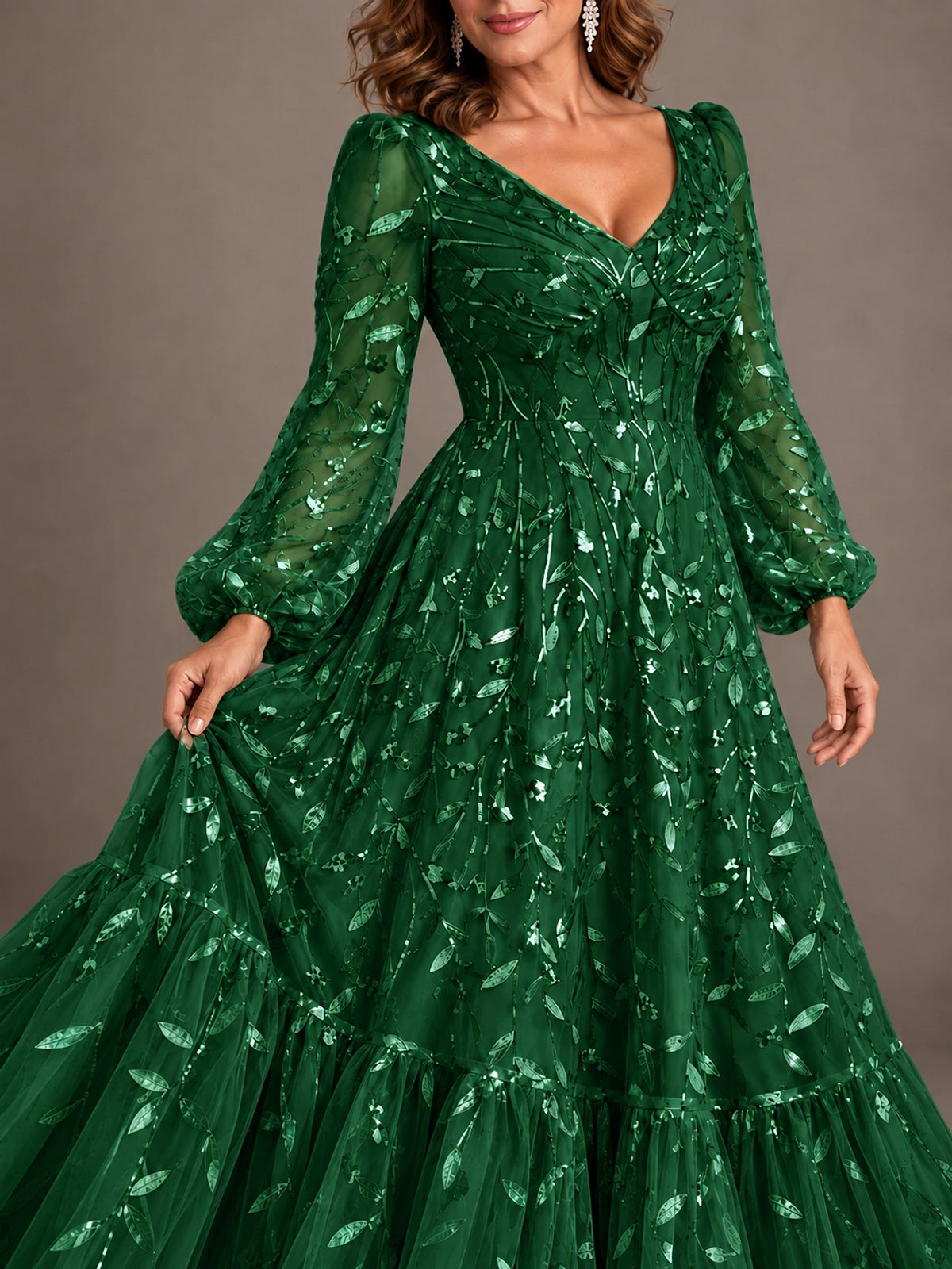 Floral Sequin Embroidered A-Line Mother of the Bride Dress with Long Sleeves
