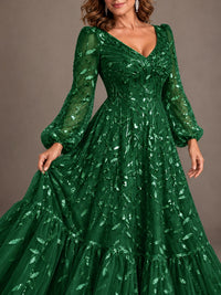 Floral Sequin Embroidered A-Line Mother of the Bride Dress with Long Sleeves