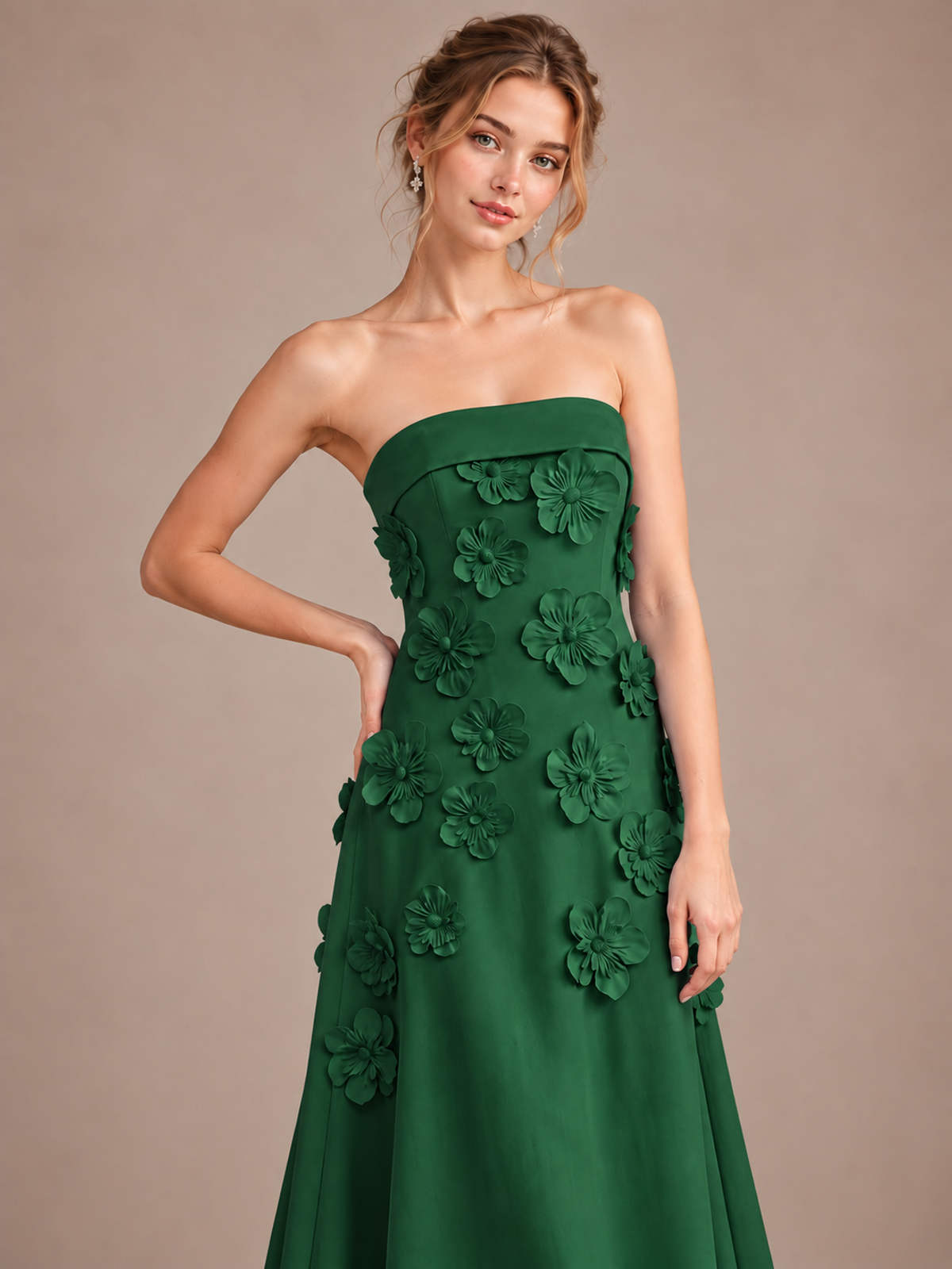 Yellow Strapless 3D Floral Appliques Maxi Dress