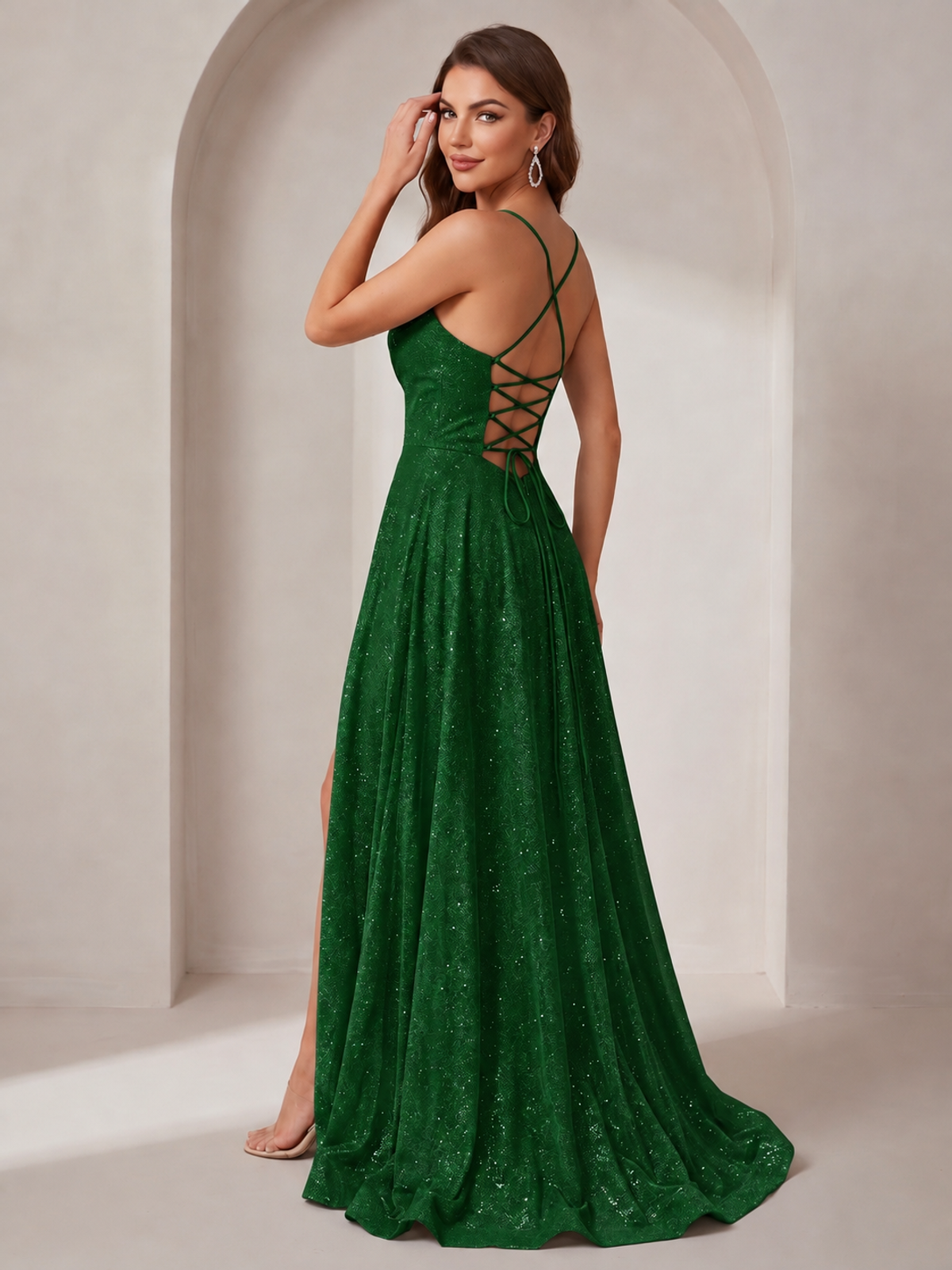 Sparkly Cowl Neck Corset Long Prom Dress with Slit A-line Tulle Ball Gown