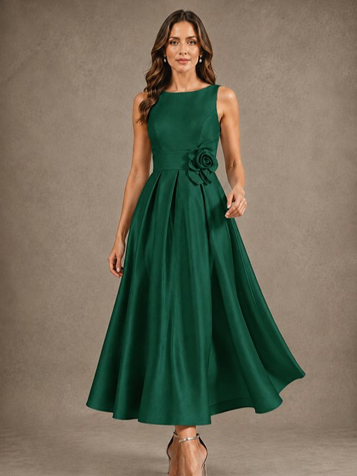 Tea-Length Satin Mother of the Bride Dress with 3D Flower Detail