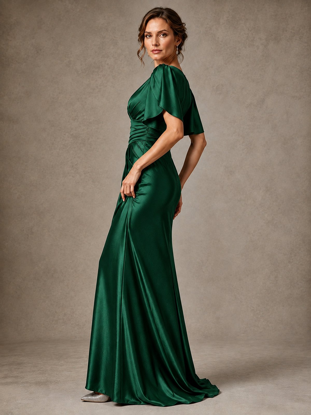 V-Neck Satin Mother of the Bride Dress with Flutter Sleeves