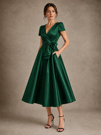 V-Neck Tea-Length Satin Mother of the Bride Dress with Bow