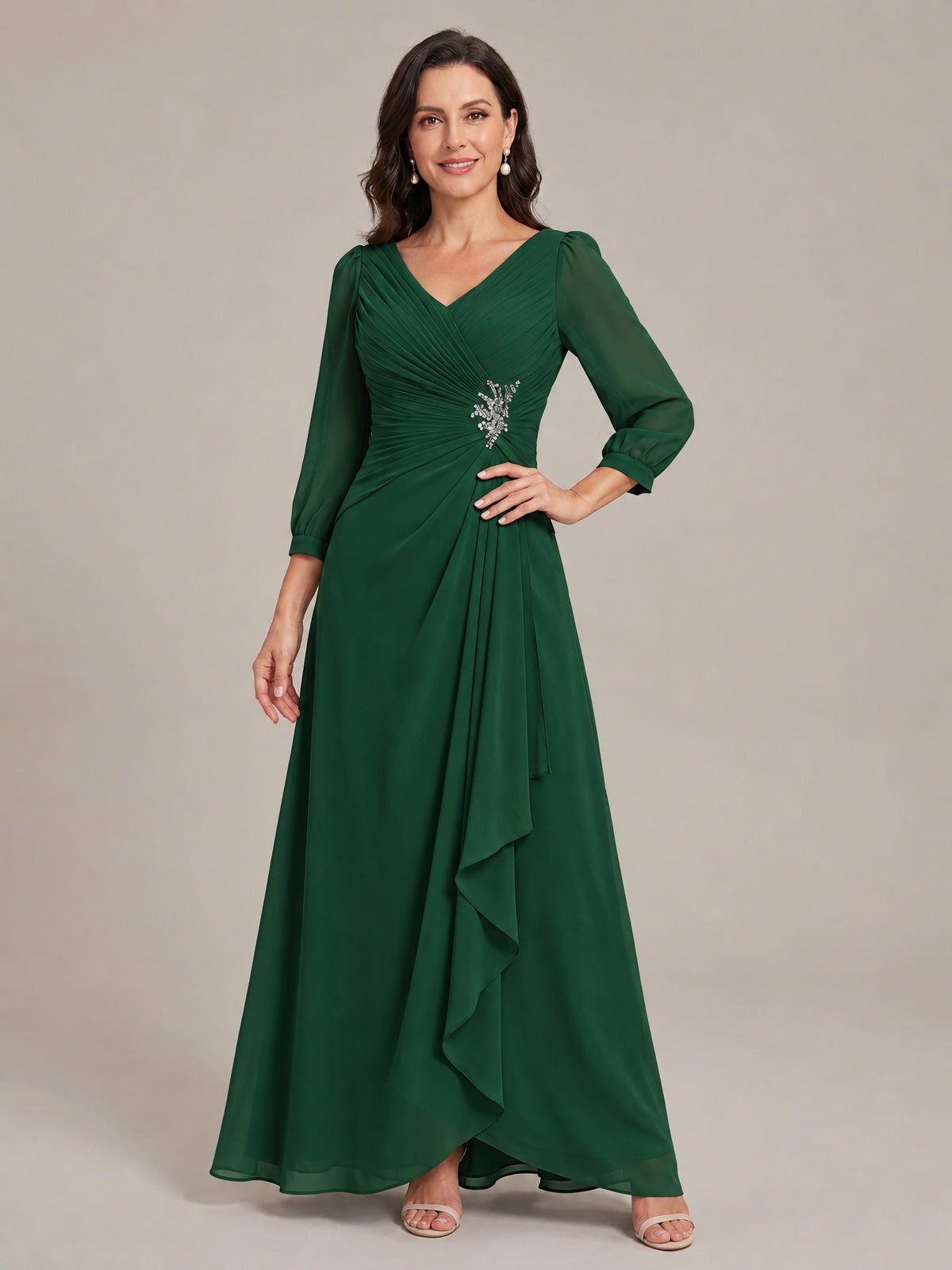 V-Neck Pleated Chiffon Mother of the Bride Dress with Flutter Sleeves