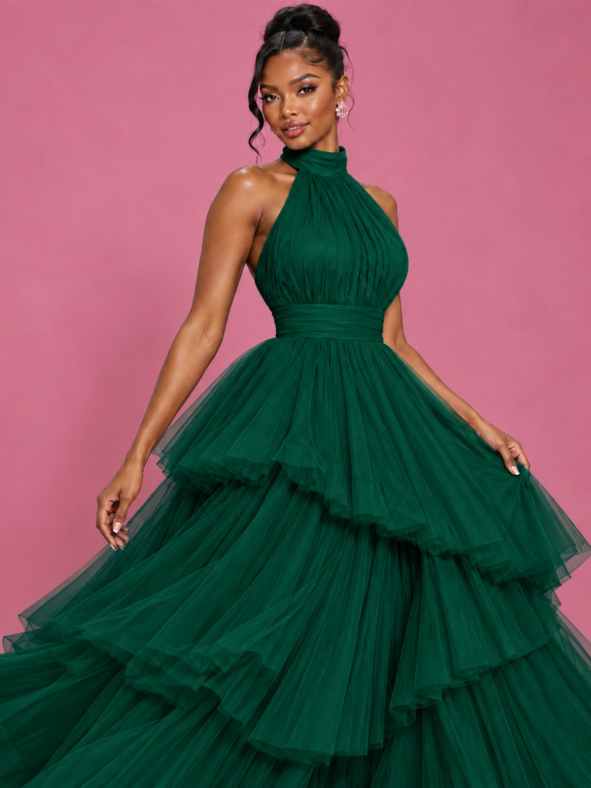 Hot Pink Tulle Halter Neck Tiered Ruffle Maxi Dress