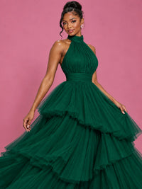 Hot Pink Tulle Halter Neck Tiered Ruffle Maxi Dress