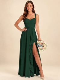 Spaghetti Straps Pleated Chiffon Bridesmaid Dress with Ruffle Slit