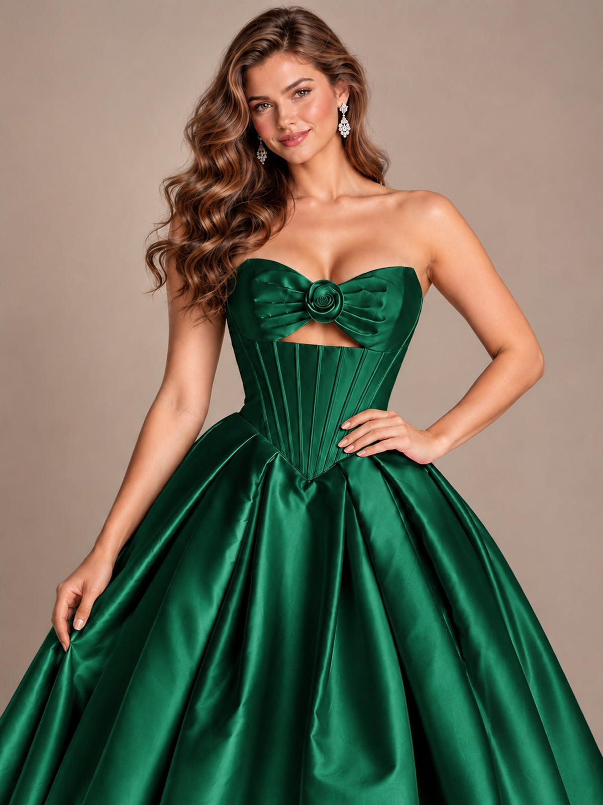 Pink Strapless Corset Satin Prom Derss & Ball Gown with 3D Floral