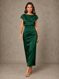 Cowl Neck Satin Mother of the Bride Dress with Ruched Waist