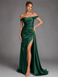 Off Shoulder Satin Maxi Dress with Slit