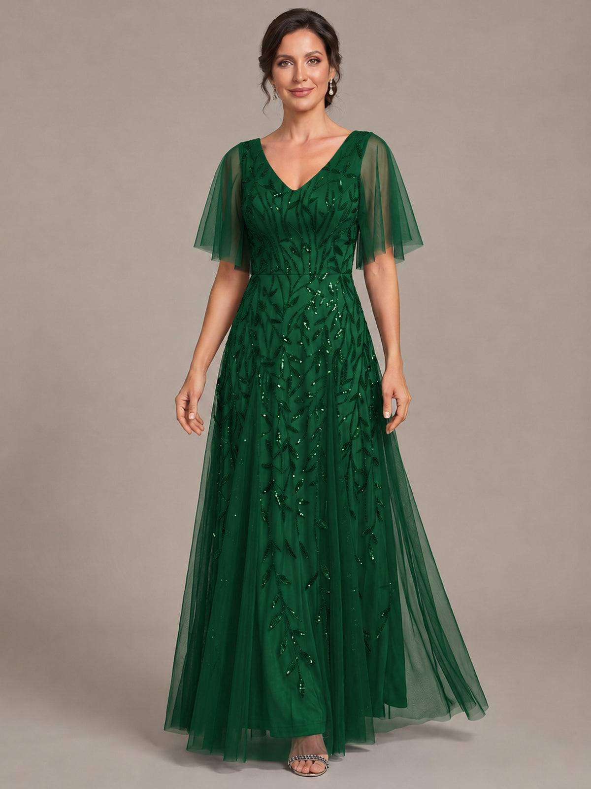 V-Neck Sequin Tulle Mother of the Bride Dress with Flutter Sleeve