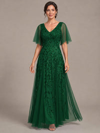 V-Neck Sequin Tulle Mother of the Bride Dress with Flutter Sleeve