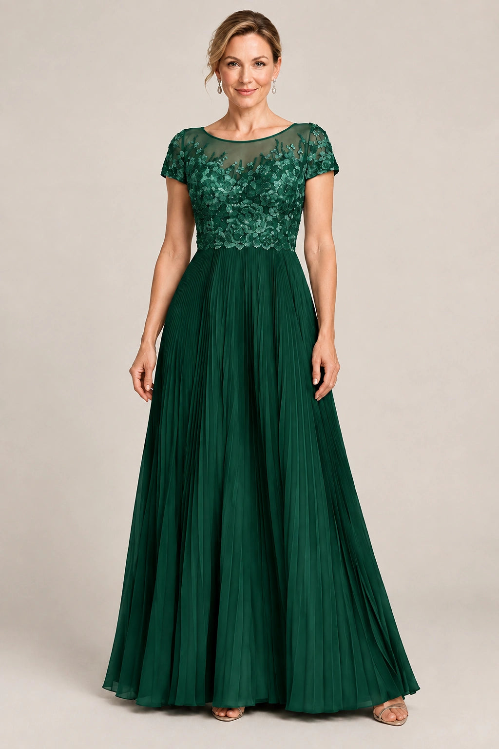Embroidered Lace Pleated Mother of the Bride Dress