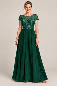 Embroidered Lace Pleated Mother of the Bride Dress