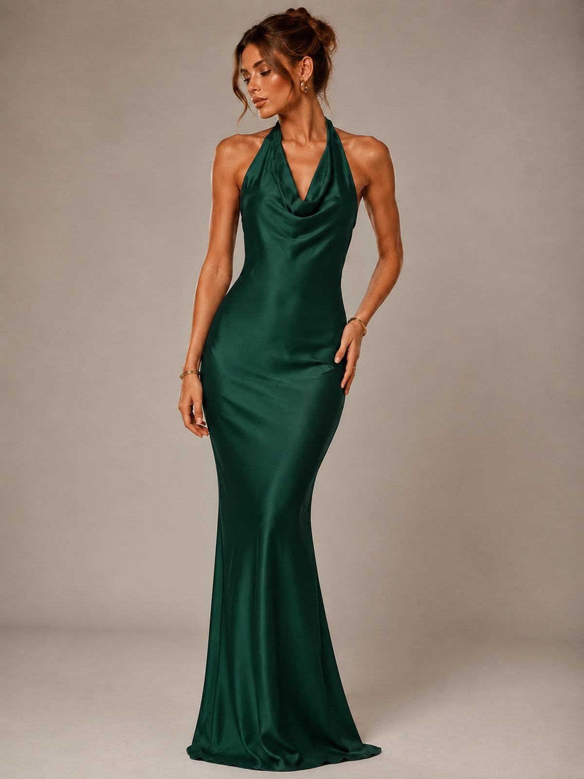 Olive Green Halter Satin Mermaid Maxi Dress