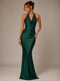 Olive Green Halter Satin Mermaid Maxi Dress