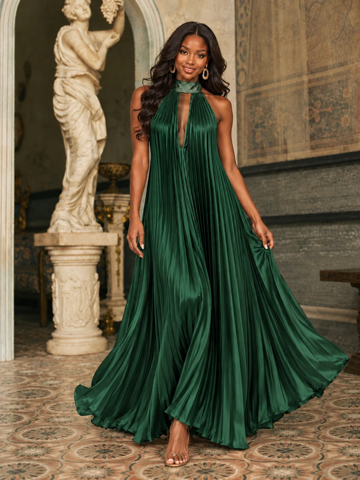 Rust Orange Pleated Halter Neck Maxi Dress