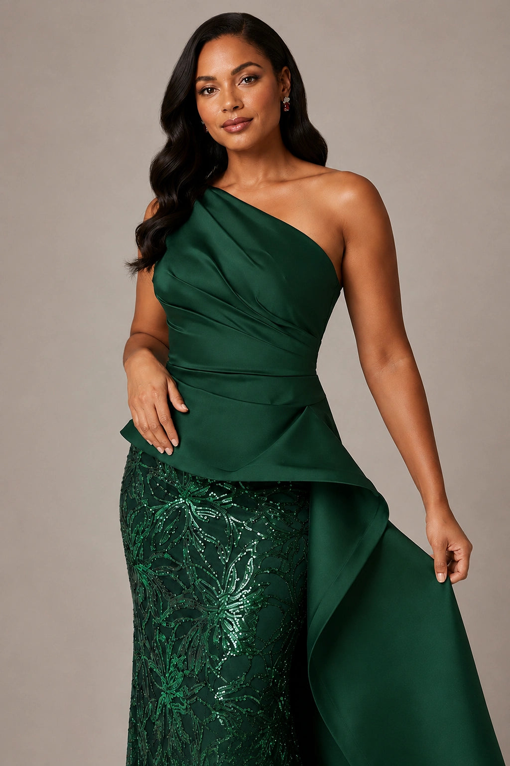 One-Shoulder Mother of the Bride Dress with Sequin Skirt and Peplum