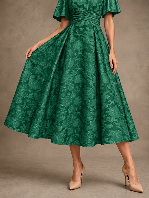 V-Neck Floral Jacquard Tea-Length Mother of the Bride Dress