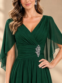 Ruched V Neck Mother of The Bride Dresses with Shawls Appliques and Cap Sleeves