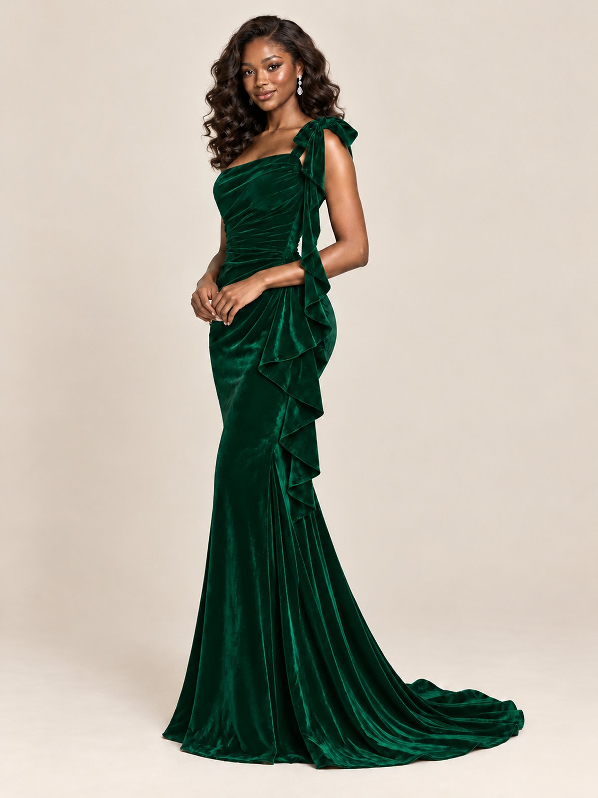 Black Velvet One-Shoulder Mermaid Evening Gown with Bow & Ruffles