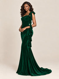 Black Velvet One-Shoulder Mermaid Evening Gown with Bow & Ruffles