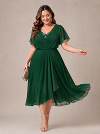 Navy Blue A-Line V-Neck Tea-Length Mother of the Bride Dress