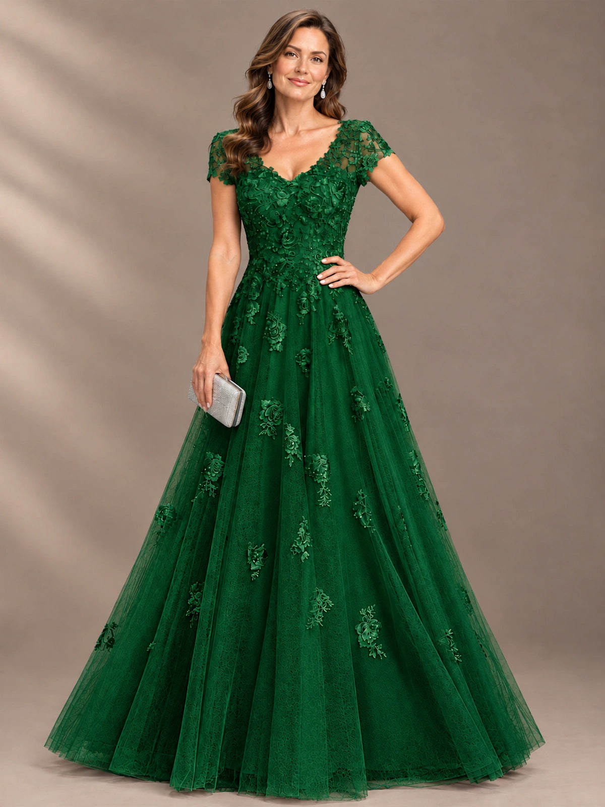 Lace Appliques A-line Mother of The Bride Dresses with Short Sleeves