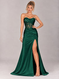 Strapless Satin Prom Dress with Sheer Lace Corset & High Slit