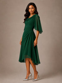 Cowl Neck Ruched Chiffon Mother of the Bride Dresses with Flutter Sleeves