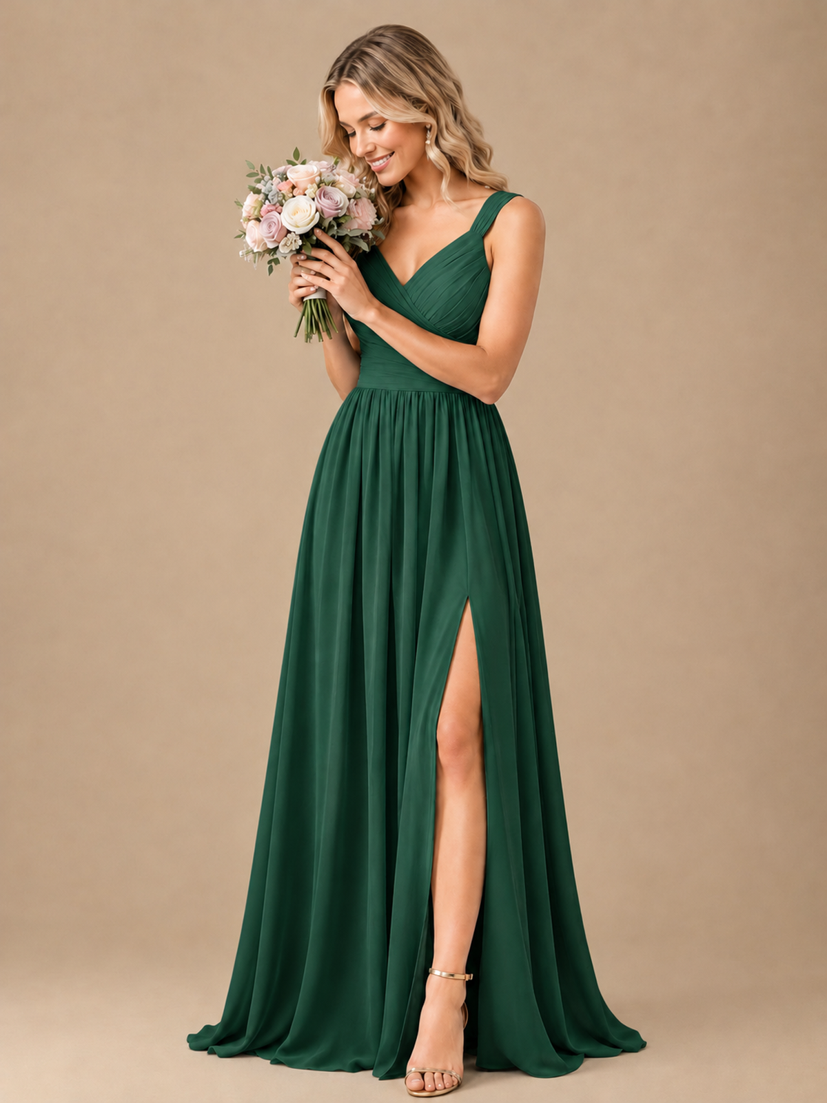 Pleated Chiffon V Neck Wedding Bridesmaid Dresses Floor Length with Slit