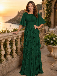 Elegant Chiffon Mother of the Bride Dress with Flutter Sleeves and Ruffle Skirt