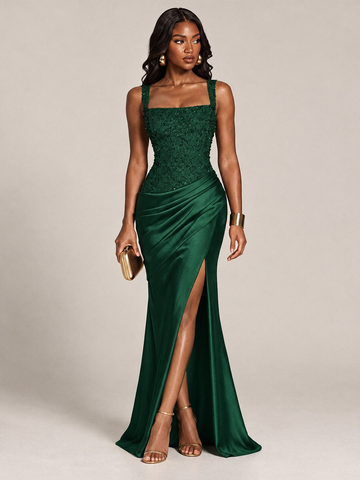 Scoop Neck Sequin Prom Dress with High Slit Satin Formal Gowns