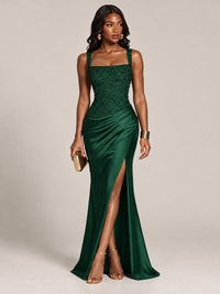 Scoop Neck Sequin Prom Dress with High Slit Satin Formal Gowns