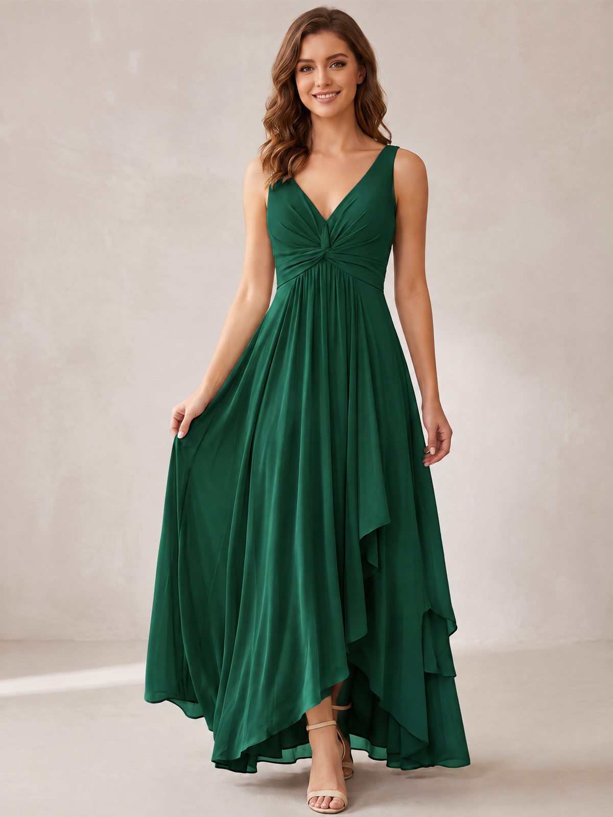 V-Neck High-Low Chiffon Bridesmaid Dress with Ruffles